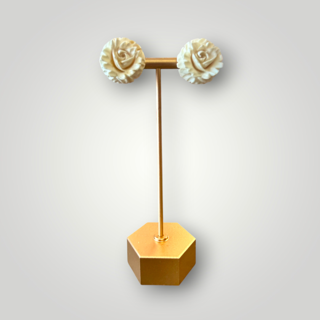 Vintage Ivory-Tone Carved Rose Clip-On Earrings