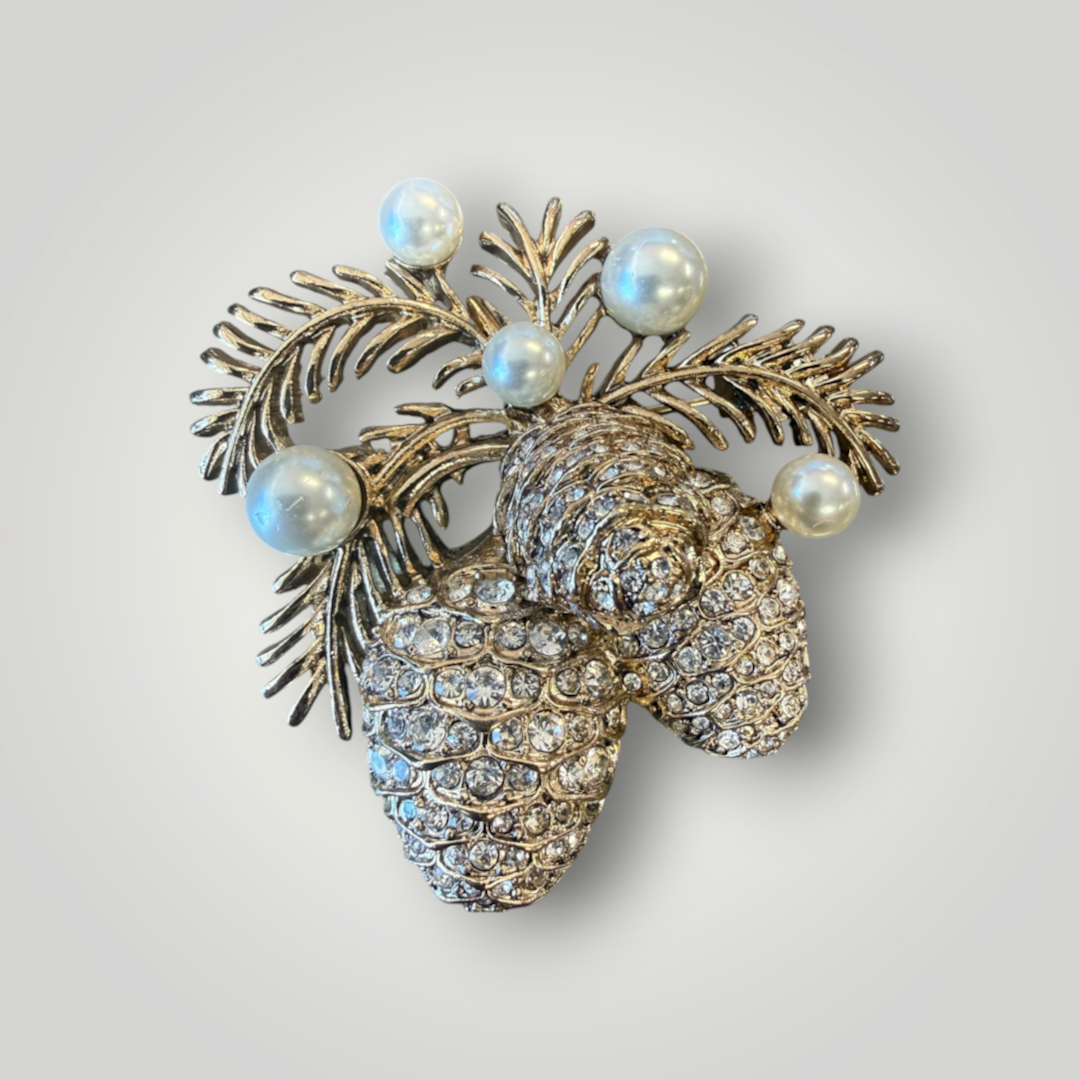 Anne Klein Rhinestone Pinecone & Faux Pearl Holiday Brooch – Original Box