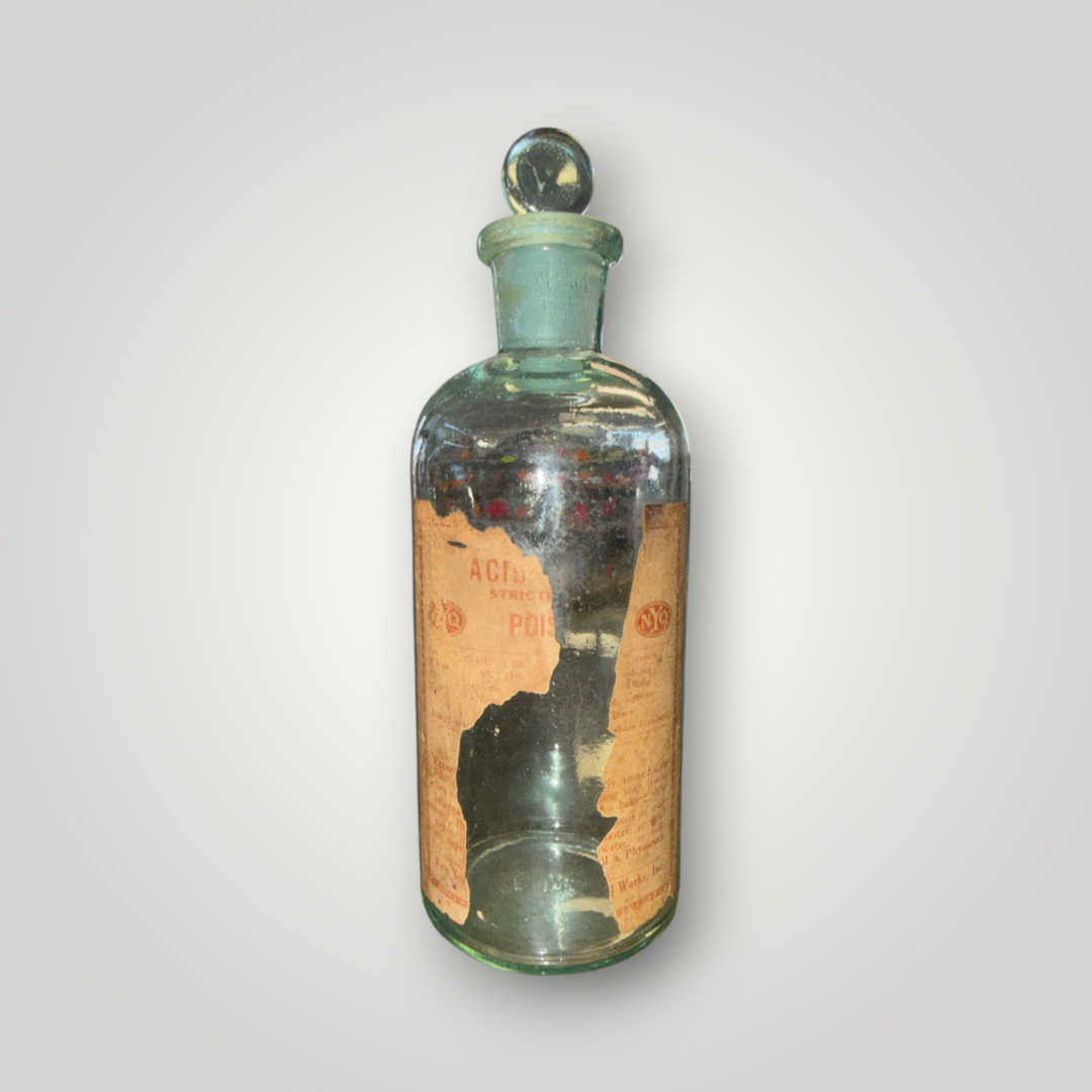 Antique Aqua Glass POISON Acid Apothecary Bottle with Glass Stopper