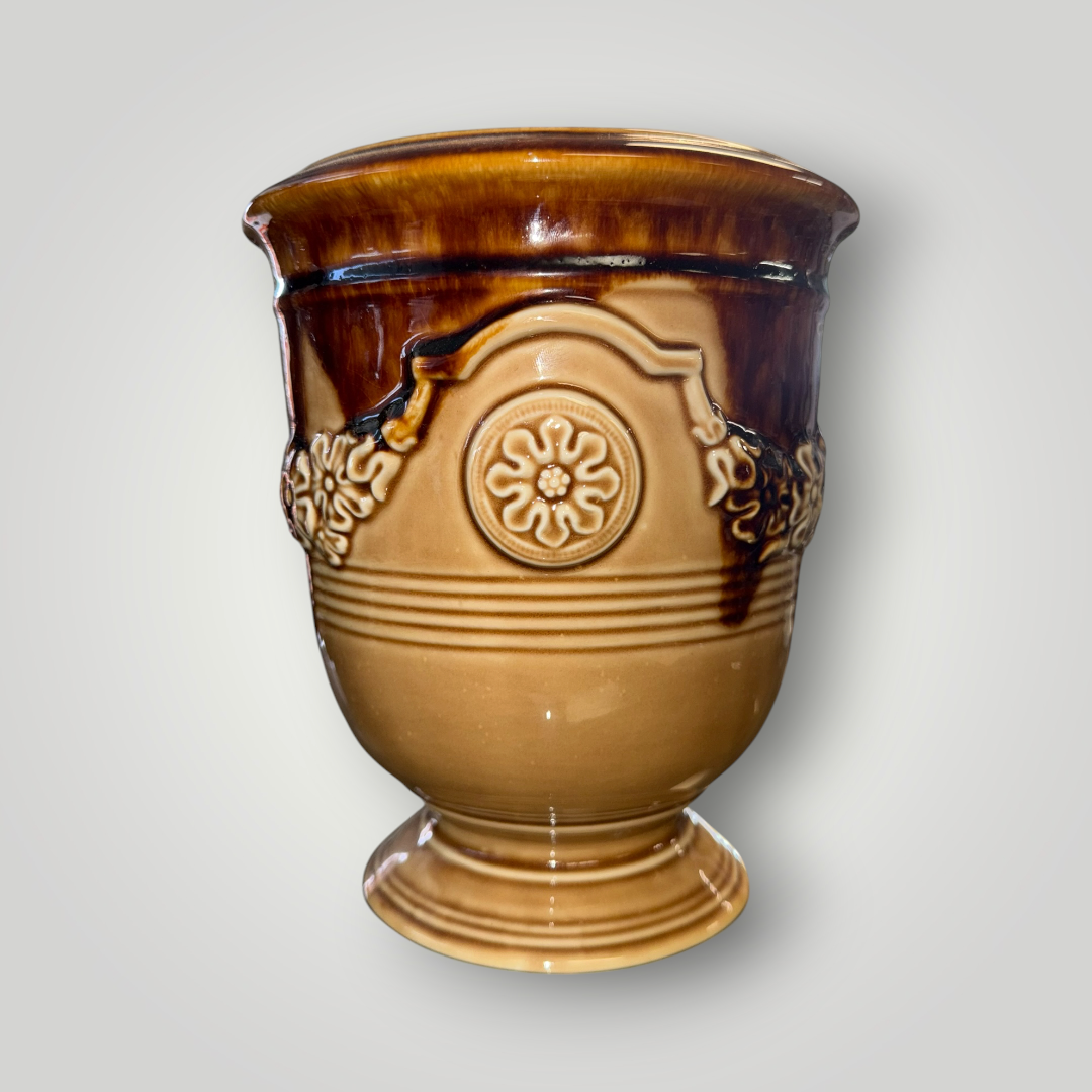 Vintage Brown Drip Glaze Ceramic Pedestal Urn Planter