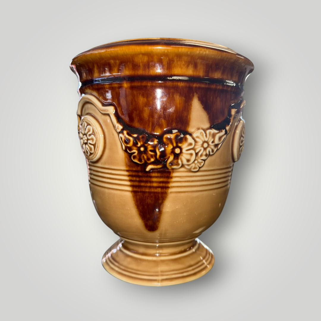 Vintage Brown Drip Glaze Ceramic Pedestal Urn Planter