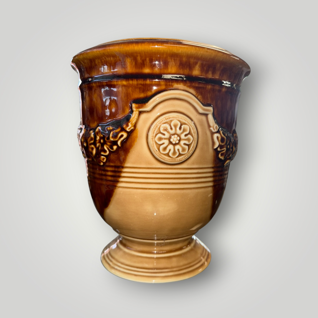 Vintage Brown Drip Glaze Ceramic Pedestal Urn Planter