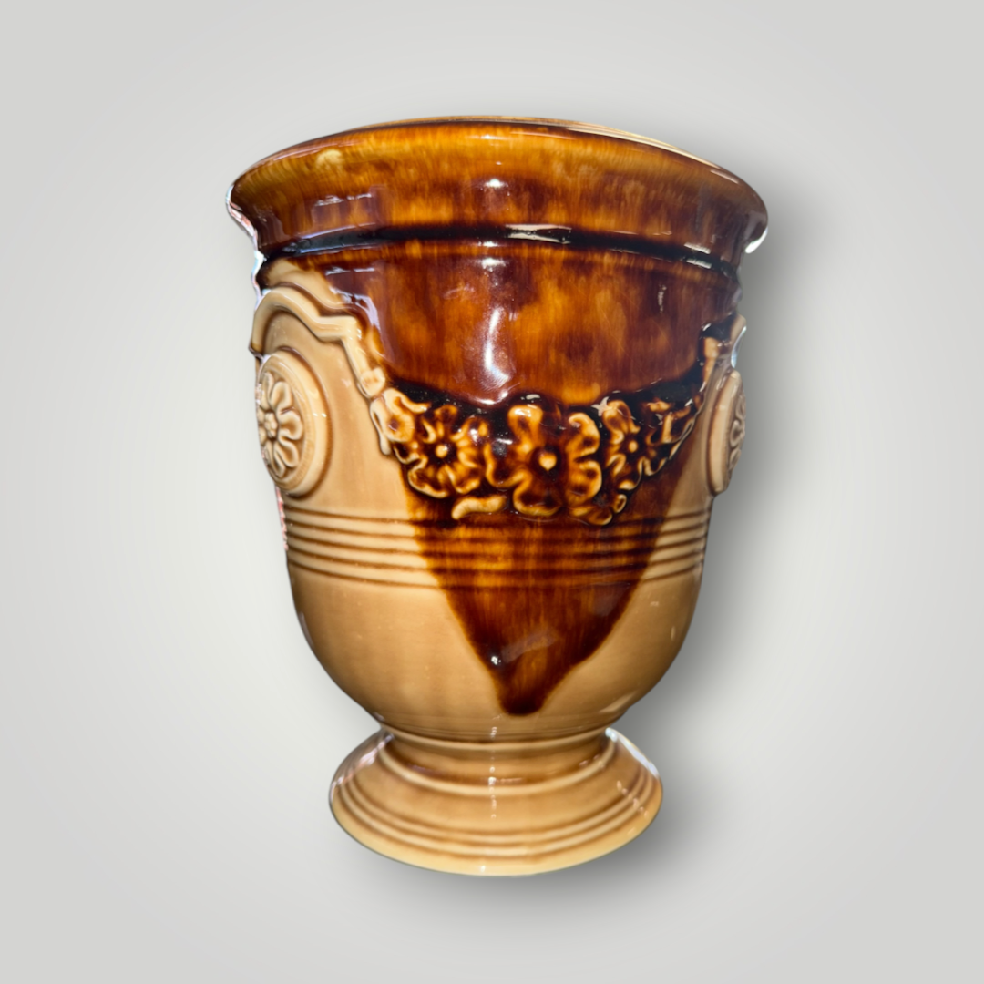 Vintage Brown Drip Glaze Ceramic Pedestal Urn Planter