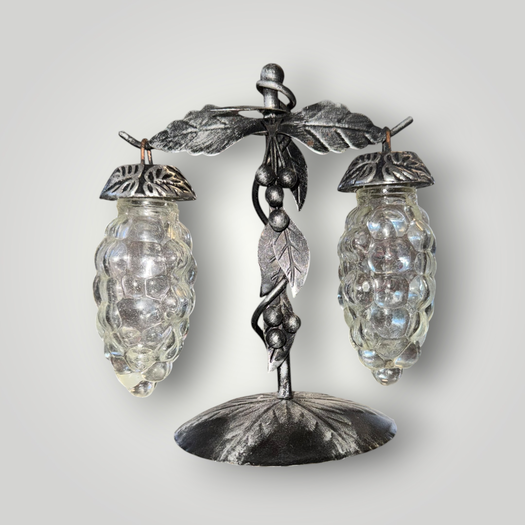 Vintage Hanging Glass Grape Salt & Pepper Shakers with Metal Stand