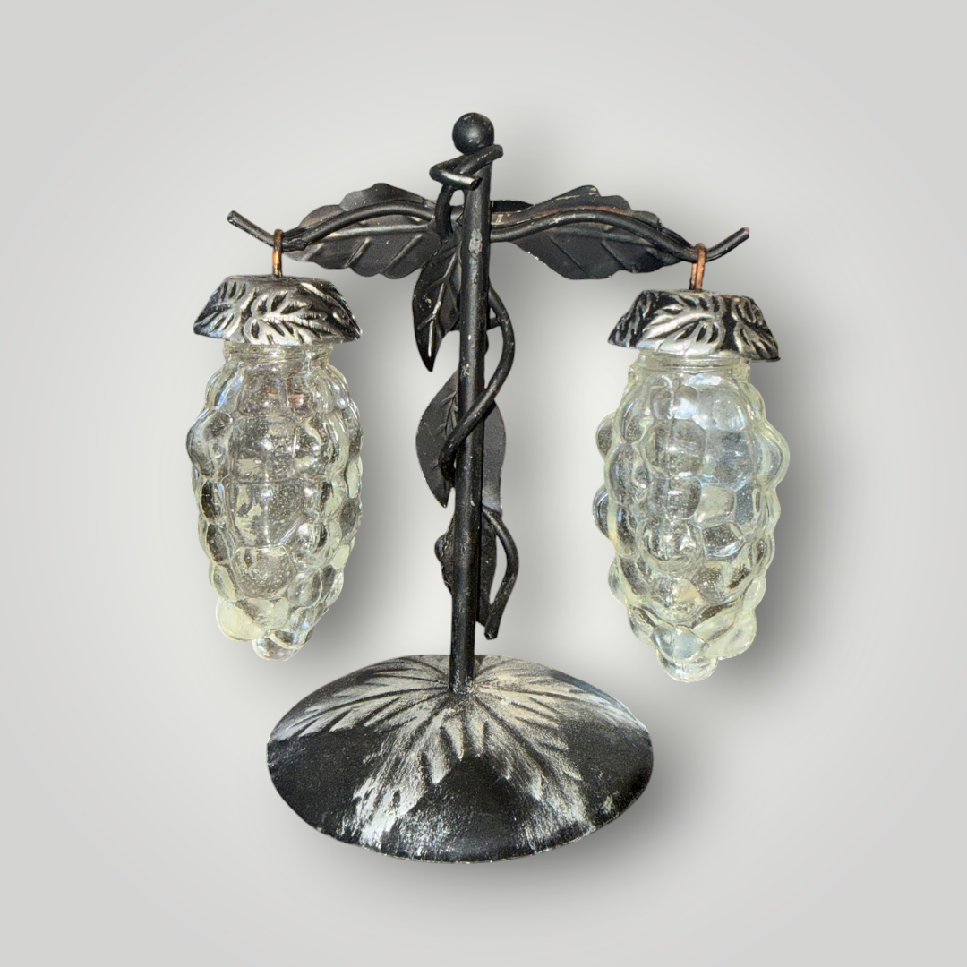 Vintage Hanging Glass Grape Salt & Pepper Shakers with Metal Stand