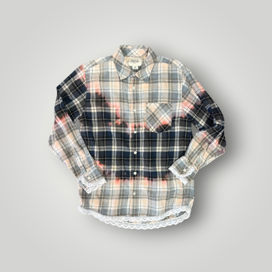 Worn and Reborn – Bleached Plaid Flannel with Lace Trim – Medium