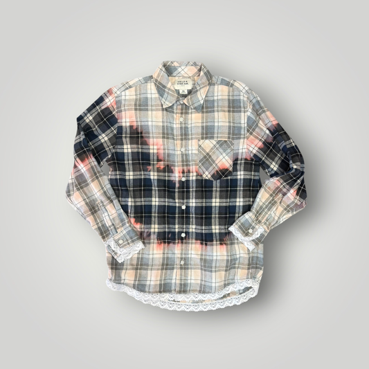 Worn and Reborn – Bleached Plaid Flannel with Lace Trim – Medium