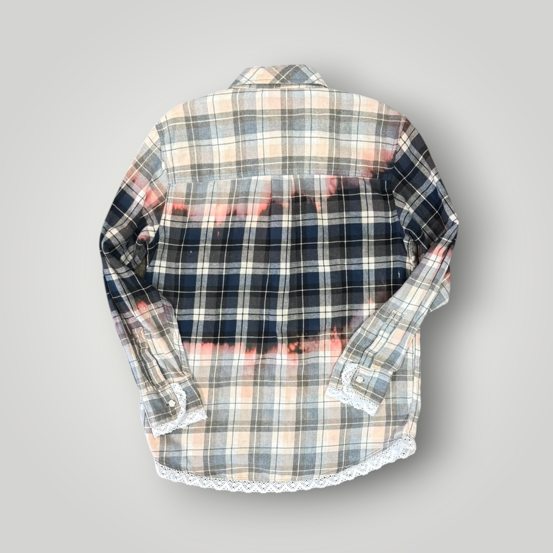 Worn and Reborn – Bleached Plaid Flannel with Lace Trim – Medium