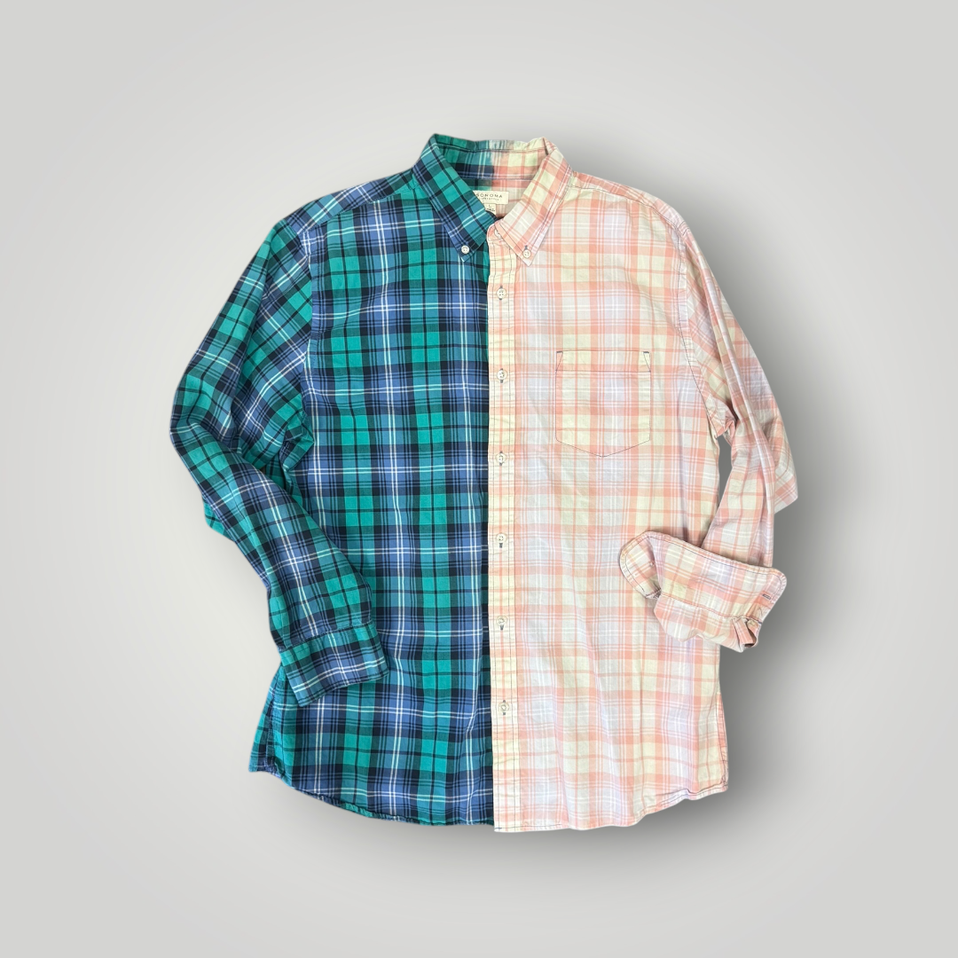 Worn and Reborn – Two-Tone Patchwork Plaid Button-Up Shirt – Large