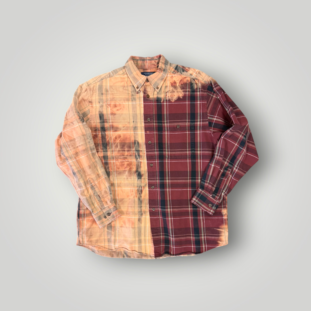 Worn and Reborn – Upcycled Burgundy & Peach Bleached Plaid Shirt – Large