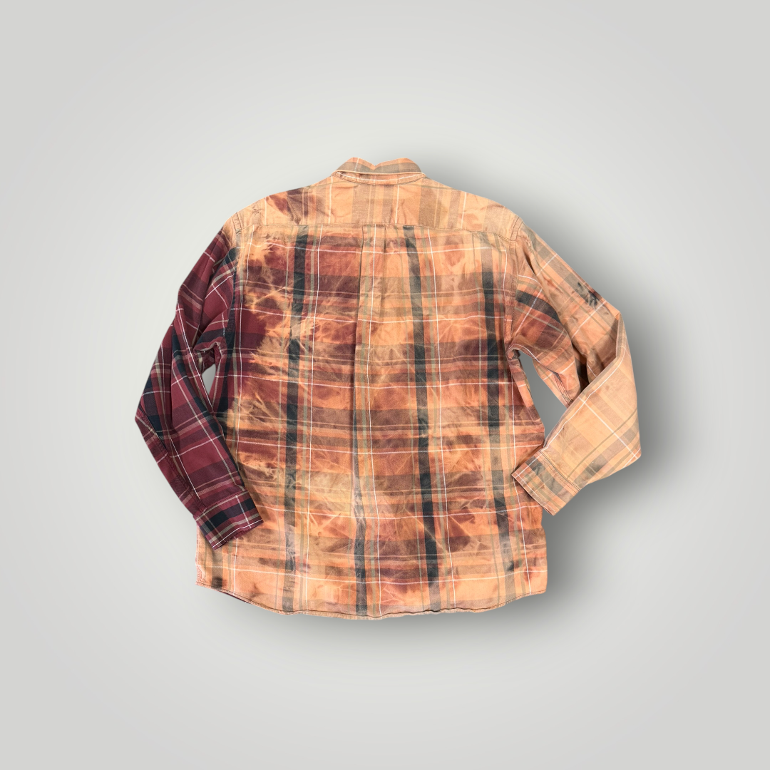 Worn and Reborn – Upcycled Burgundy & Peach Bleached Plaid Shirt – Large
